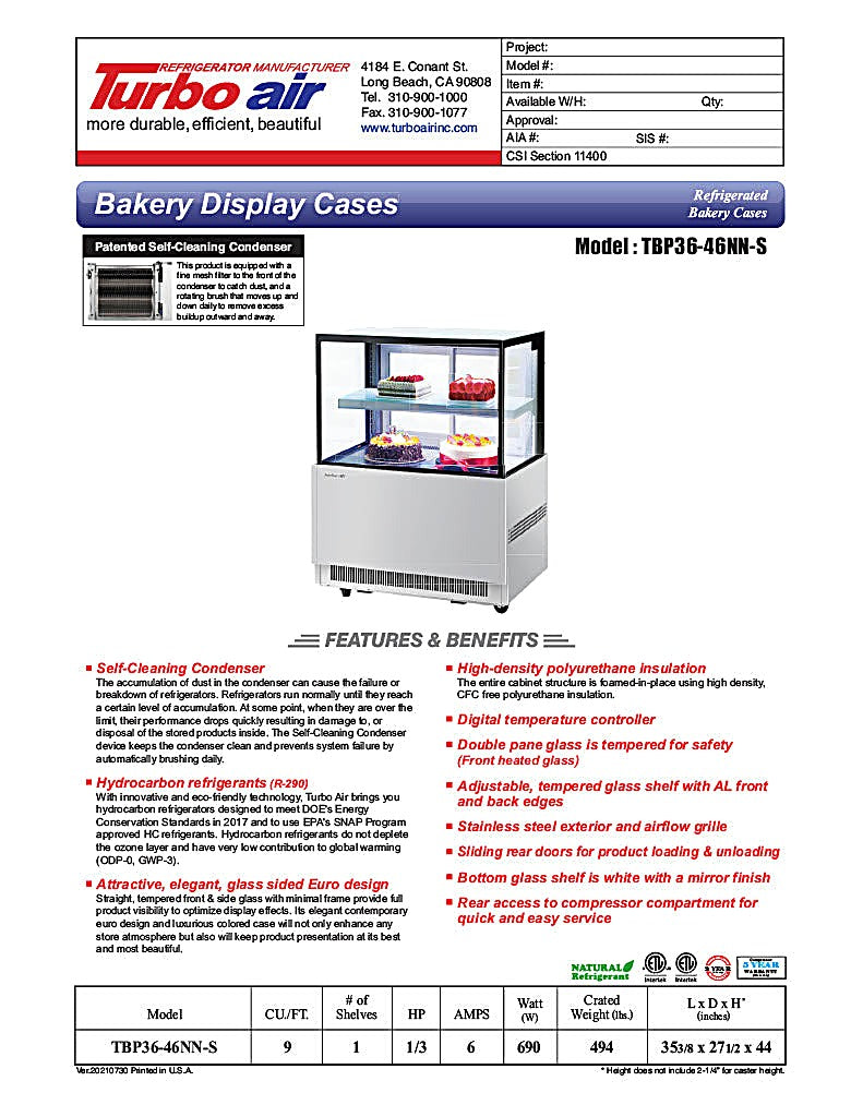 Turbo Air TBP36-46NN-S 35-3/8" Straight Glass Full-Service Bakery Display Case, 2 Levels, Stainless Steel Exterior, 115v - Donut-Equipment.com