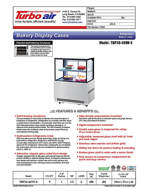 Turbo Air TBP36-46NN-S 35-3/8" Straight Glass Full-Service Bakery Display Case, 2 Levels, Stainless Steel Exterior, 115v - Donut-Equipment.com