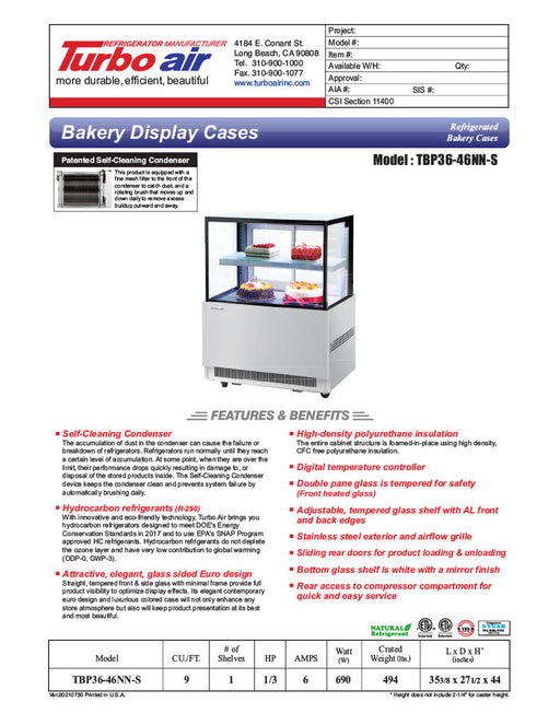 Turbo Air TBP36-46NN-S 35-3/8" Straight Glass Full-Service Bakery Display Case, 2 Levels, Stainless Steel Exterior, 115v - Bakery Wholesalers