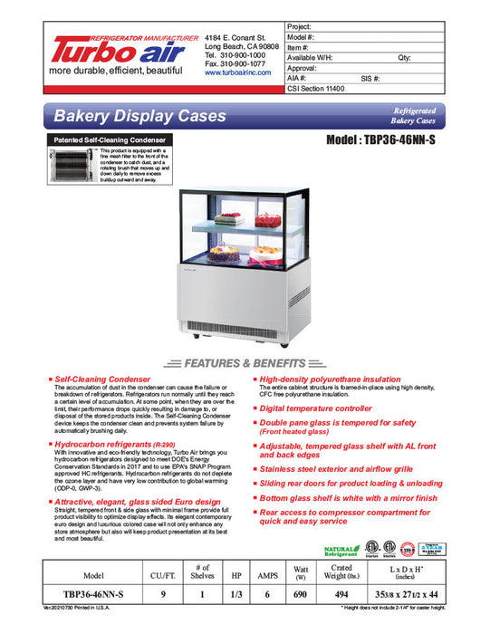 Turbo Air TBP36-46NN-S 35-3/8" Straight Glass Full-Service Bakery Display Case, 2 Levels, Stainless Steel Exterior, 115v - Bakery Wholesalers