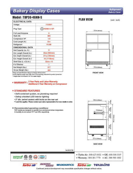 Turbo Air TBP36-46NN-S 35-3/8" Straight Glass Full-Service Bakery Display Case, 2 Levels, Stainless Steel Exterior, 115v - Bakery Wholesalers