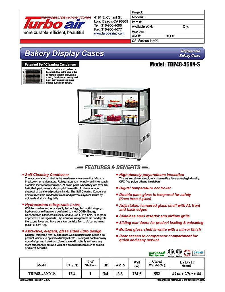 Turbo Air TBP48-46NN-S 47-1/4" Straight Glass Full-Service Bakery Display Case, 2 Levels, Stainless Steel Exterior, 115v - Donut-Equipment.com