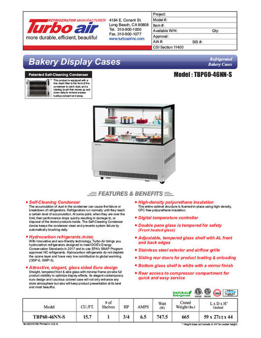 Turbo Air TBP60-46NN-S 59" Straight Glass Full-Service Bakery Display Case, 2 Levels, Stainless Steel Exterior, 115v - Bakery Wholesalers