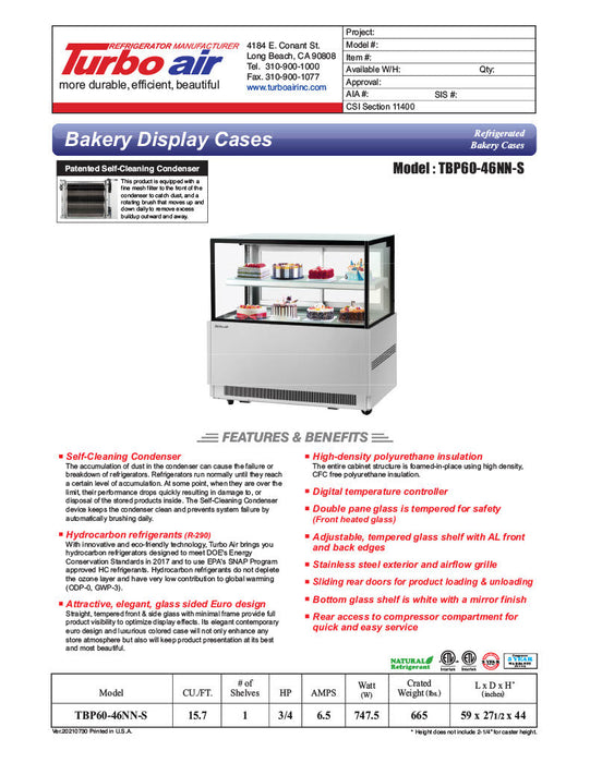 Turbo Air TBP60-46NN-S 59" Straight Glass Full-Service Bakery Display Case, 2 Levels, Stainless Steel Exterior, 115v - Bakery Wholesalers