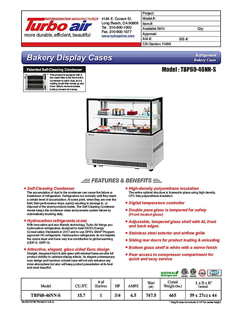 Turbo Air TBP60-46NN-S 59" Straight Glass Full-Service Bakery Display Case, 2 Levels, Stainless Steel Exterior, 115v - Donut-Equipment.com