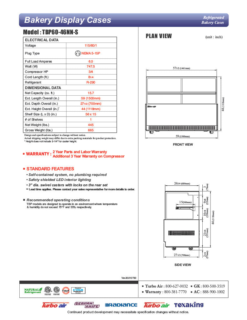 Turbo Air TBP60-46NN-S 59" Straight Glass Full-Service Bakery Display Case, 2 Levels, Stainless Steel Exterior, 115v - Donut-Equipment.com