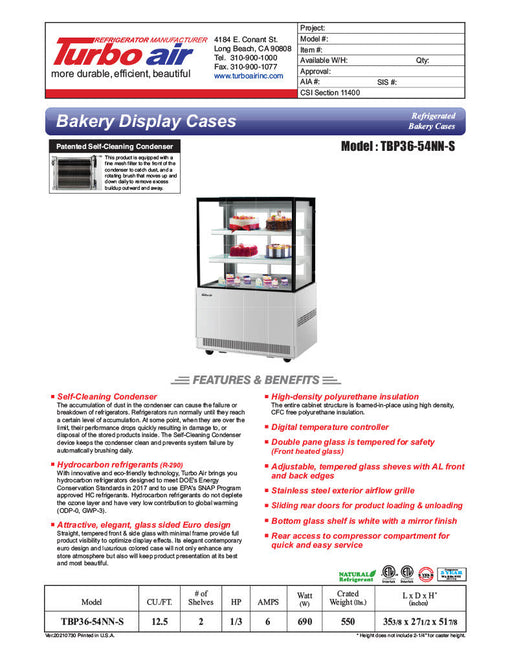 Turbo Air TBP36-54NN-S 35-3/8" Straight Glass Full-Service Bakery Display Case, 3 Levels, Stainless Steel Exterior, 115v - Bakery Wholesalers