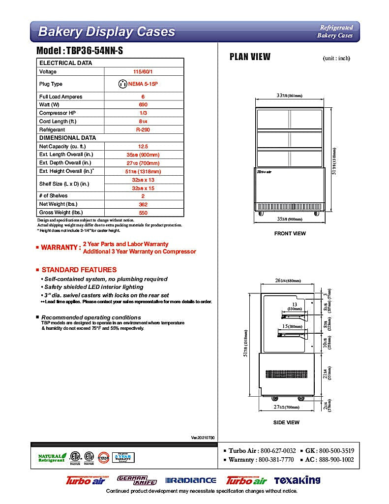 Turbo Air TBP36-54NN-S 35-3/8" Straight Glass Full-Service Bakery Display Case, 3 Levels, Stainless Steel Exterior, 115v          Ask ChatGPT - Donut-Equipment.com