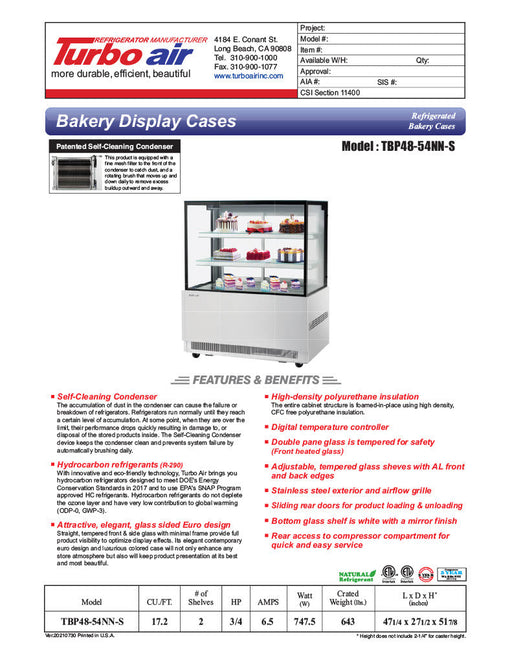 Turbo Air TBP48-54NN-S 47-1/4" Straight Glass Full-Service Bakery Display Case, 3 Levels, Stainless Steel Exterior, 115v - Bakery Wholesalers