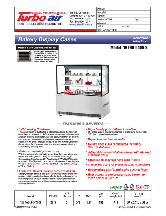 Turbo Air TBP60-54NN-S 59" Straight Glass Full-Service Bakery Display Case, 3 Levels, Stainless Steel Exterior, 115v - Bakery Wholesalers
