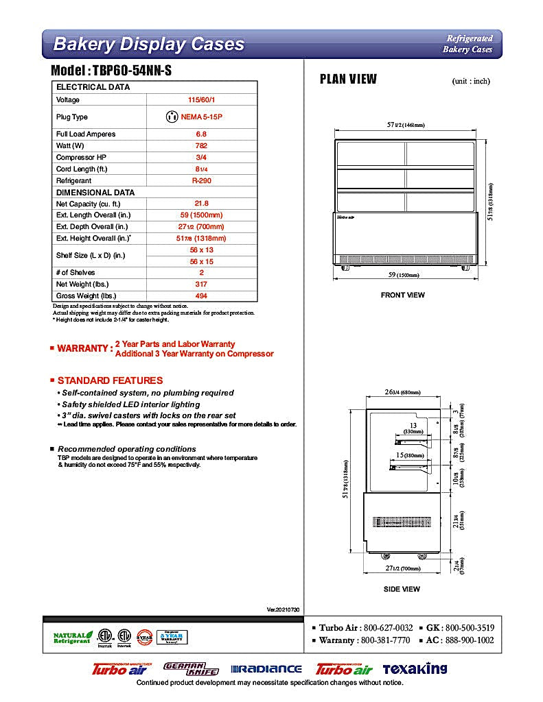 Turbo Air TBP60-54NN-S 59" Straight Glass Full-Service Bakery Display Case, 3 Levels, Stainless Steel Exterior, 115v - Donut-Equipment.com