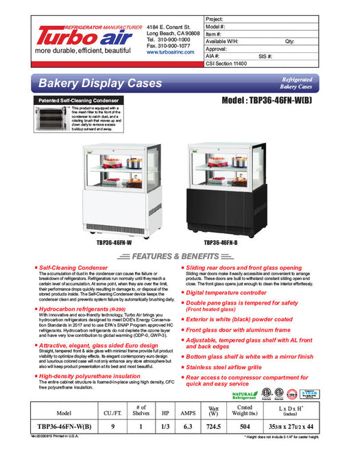 Turbo Air TBP36-46FN-W 35-3/8" Straight Glass Refrigerated Bakery Display Case, 2 Levels, White Exterior, 115v - Bakery Wholesalers