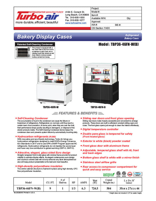 Turbo Air TBP36-46FN-W 35-3/8" Straight Glass Refrigerated Bakery Display Case, 2 Levels, White Exterior, 115v - Bakery Wholesalers
