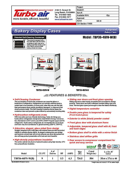 Turbo Air TBP36-46FN-B 35-3/8" Straight Glass Refrigerated Bakery Display Case, 2 Levels, Black Exterior, 115v - Donut-Equipment.com