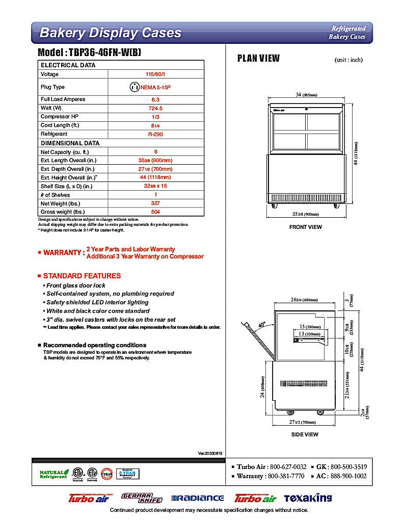 Turbo Air TBP36-46FN-B 35-3/8" Straight Glass Refrigerated Bakery Display Case, 2 Levels, Black Exterior, 115v - Donut-Equipment.com