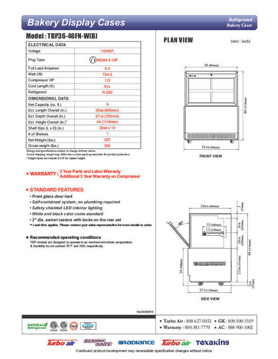 Turbo Air TBP36-46FN-B 35-3/8" Straight Glass Refrigerated Bakery Display Case, 2 Levels, Black Exterior, 115v - Bakery Wholesalers