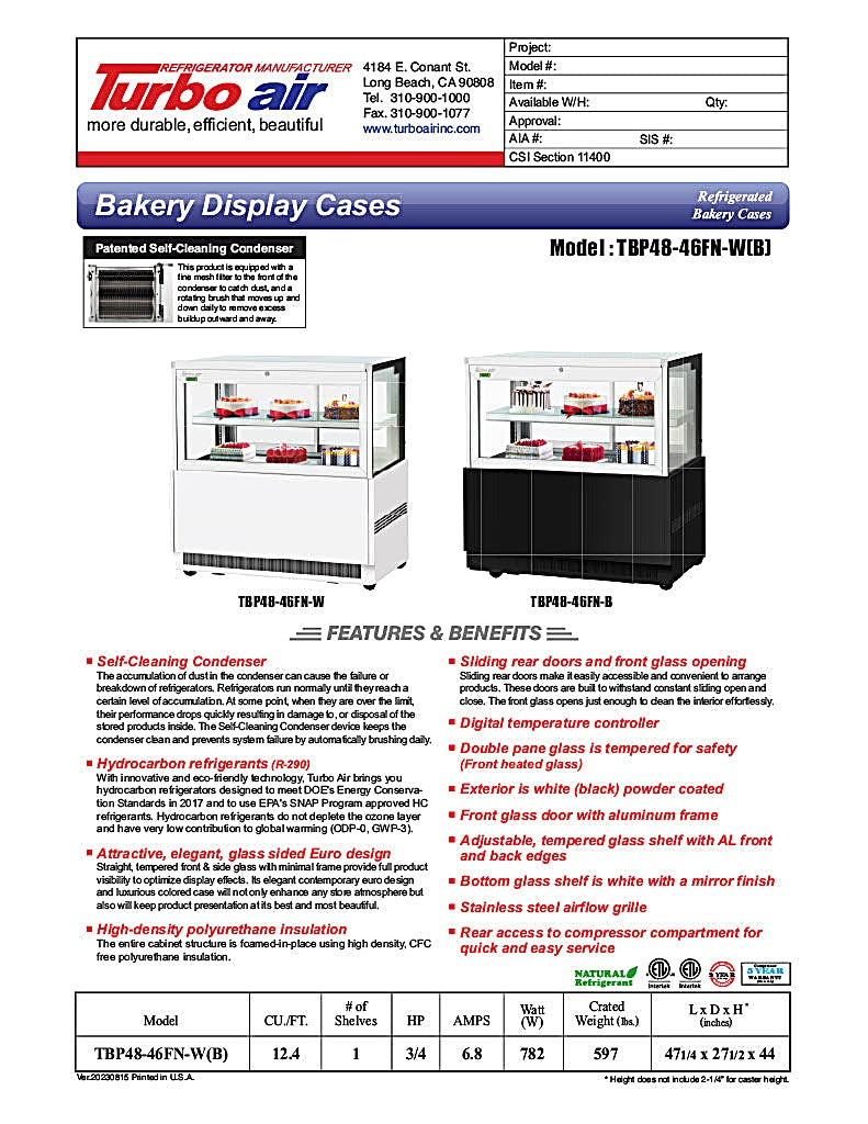 Turbo Air TBP48-46FN-B 47-1/4" Straight Glass Refrigerated Bakery Display Case, 2 Levels, Black Exterior, 115v - Donut-Equipment.com