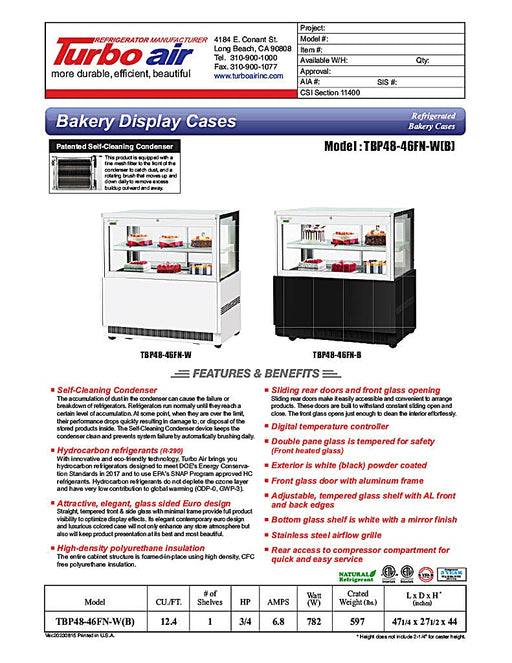 Turbo Air TBP48-46FN-B 47-1/4" Straight Glass Refrigerated Bakery Display Case, 2 Levels, Black Exterior, 115v - Donut-Equipment.com