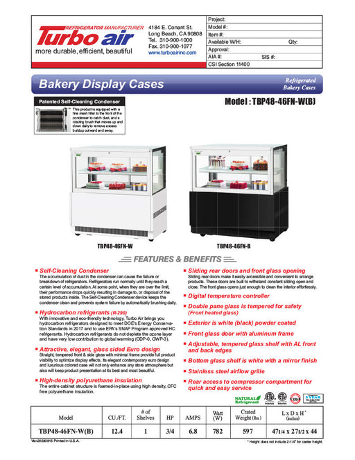 Turbo Air TBP48-46FN-B 47-1/4" Straight Glass Refrigerated Bakery Display Case, 2 Levels, Black Exterior, 115v - Bakery Wholesalers