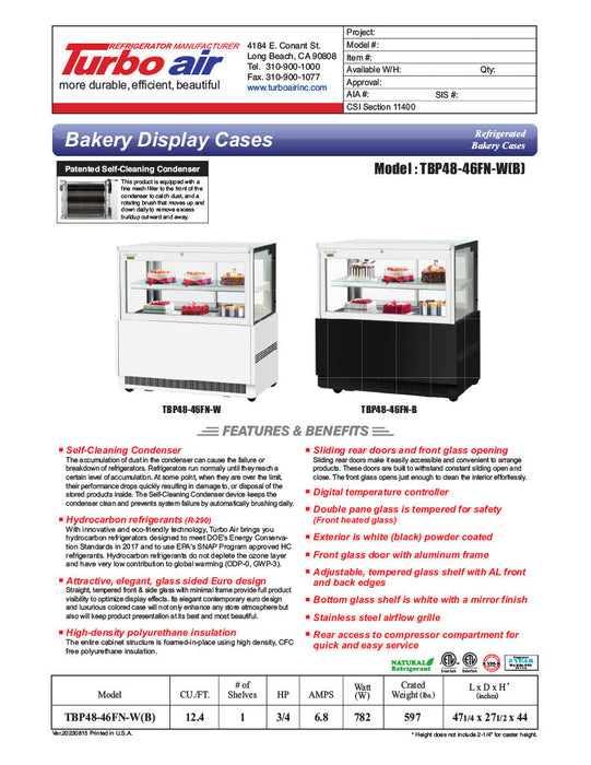 Turbo Air TBP48-46FN-B 47-1/4" Straight Glass Refrigerated Bakery Display Case, 2 Levels, Black Exterior, 115v - Bakery Wholesalers