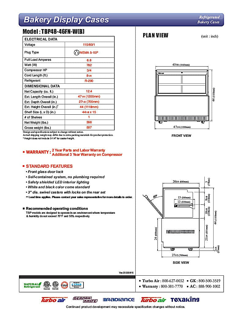Turbo Air TBP48-46FN-B 47-1/4" Straight Glass Refrigerated Bakery Display Case, 2 Levels, Black Exterior, 115v - Donut-Equipment.com
