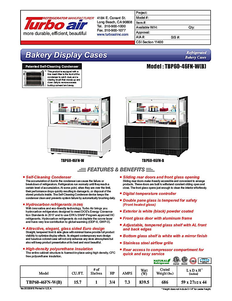 Turbo Air TBP60-46FN-B 59" Straight Glass Refrigerated Bakery Display Case, 2 Levels, Black Exterior, Lift-Up Front Glass, 115v - Donut-Equipment.com