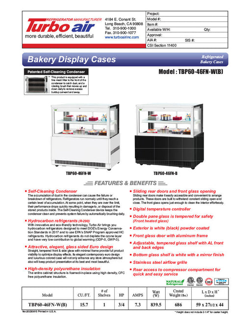 Turbo Air TBP60-46FN-W 59" Straight Glass Refrigerated Bakery Display Case, 2 Levels, White Exterior, Lift-Up Front Glass, 115v - Bakery Wholesalers