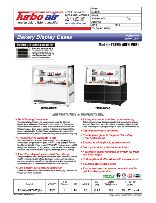 Turbo Air TBP60-46FN-W 59" Straight Glass Refrigerated Bakery Display Case, 2 Levels, White Exterior, Lift-Up Front Glass, 115v - Bakery Wholesalers