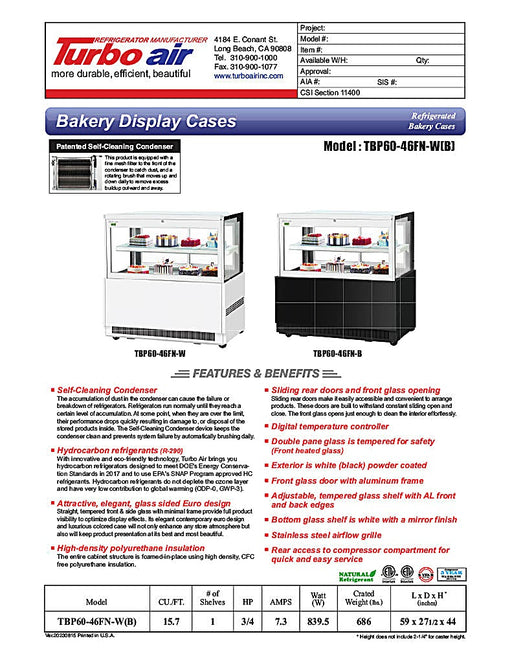 Turbo Air TBP60-46FN-B 59" Straight Glass Refrigerated Bakery Display Case, 2 Levels, Black Exterior, Lift-Up Front Glass, 115v - Donut-Equipment.com
