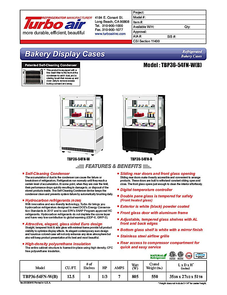Turbo Air TBP36-54FN-B 35-3/8" Straight Glass Refrigerated Bakery Display Case, 3 Levels, Black Exterior, 115v - Donut-Equipment.com
