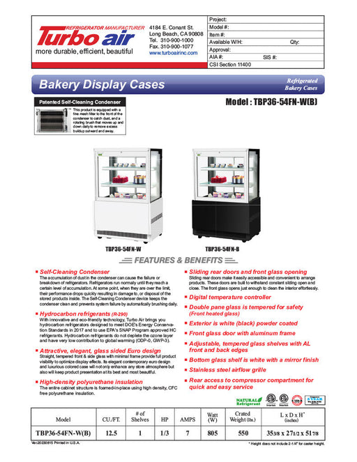Turbo Air TBP36-54FN-W 35-3/8" Straight Glass Refrigerated Bakery Display Case, 3 Levels, White Exterior, 115v - Bakery Wholesalers