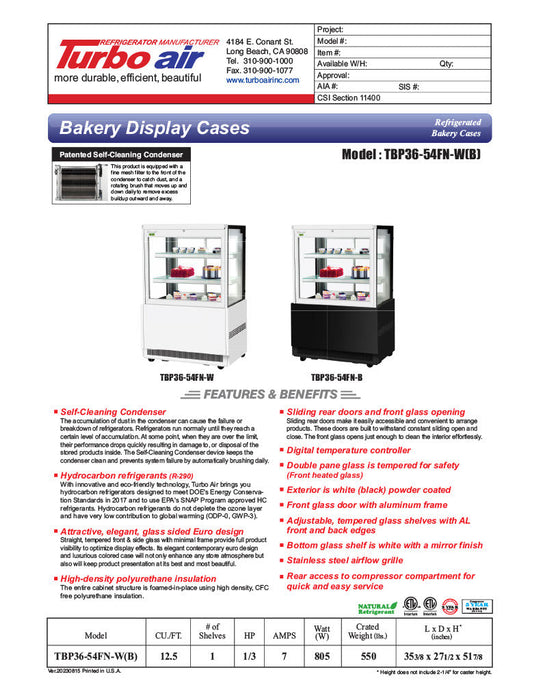 Turbo Air TBP36-54FN-W 35-3/8" Straight Glass Refrigerated Bakery Display Case, 3 Levels, White Exterior, 115v - Bakery Wholesalers