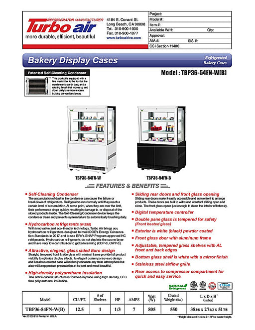 Turbo Air TBP36-54FN-B 35-3/8" Straight Glass Refrigerated Bakery Display Case, 3 Levels, Black Exterior, 115v - Donut-Equipment.com