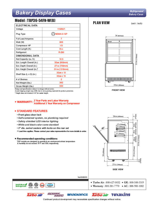 Turbo Air TBP36-54FN-B 35-3/8" Straight Glass Refrigerated Bakery Display Case, 3 Levels, Black Exterior, 115v - Bakery Wholesalers