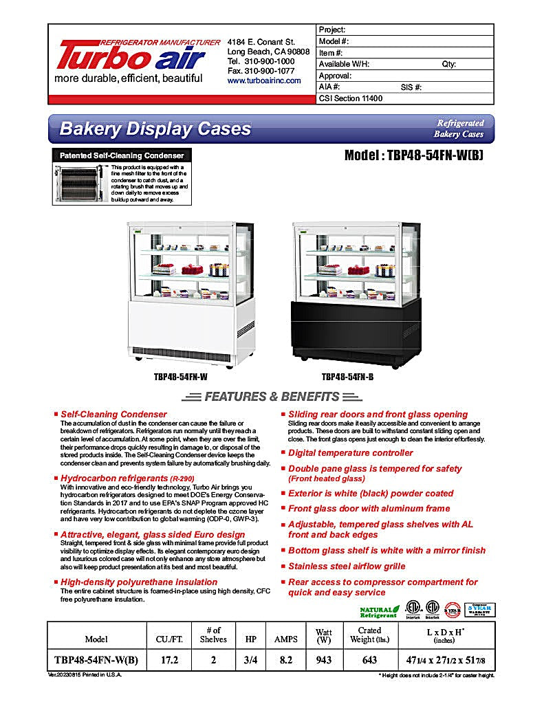 Turbo Air TBP48-54FN-B 47-1/4" Straight Glass Refrigerated Bakery Display Case, 3 Levels, Black Exterior, 115v - Donut-Equipment.com