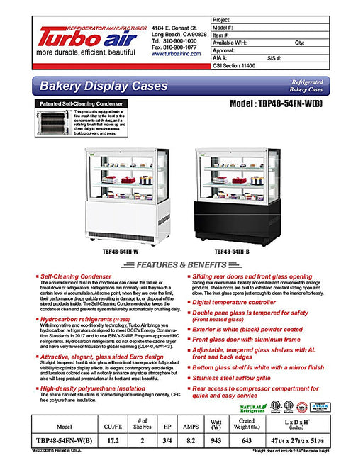 Turbo Air TBP48-54FN-B 47-1/4" Straight Glass Refrigerated Bakery Display Case, 3 Levels, Black Exterior, 115v - Donut-Equipment.com