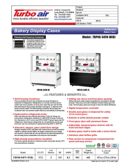 Turbo Air TBP48-54FN-B 47-1/4" Straight Glass Refrigerated Bakery Display Case, 3 Levels, Black Exterior, 115v - Bakery Wholesalers