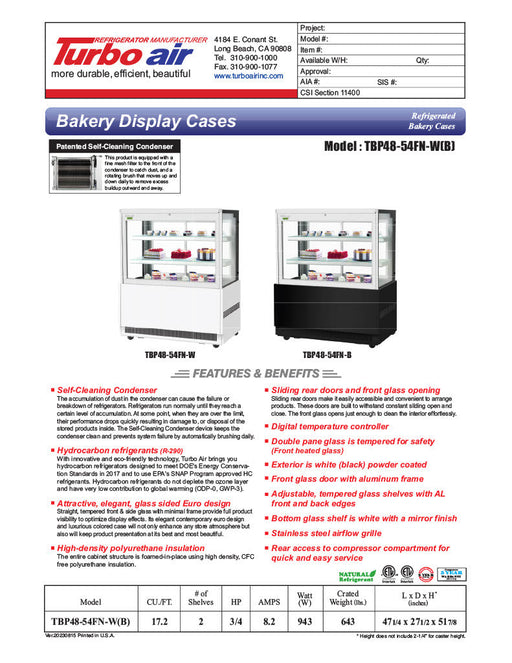 Turbo Air TBP48-54FN-W 47-1/4" Straight Glass Refrigerated Bakery Display Case, 3 Levels, White Exterior, 115v - Bakery Wholesalers