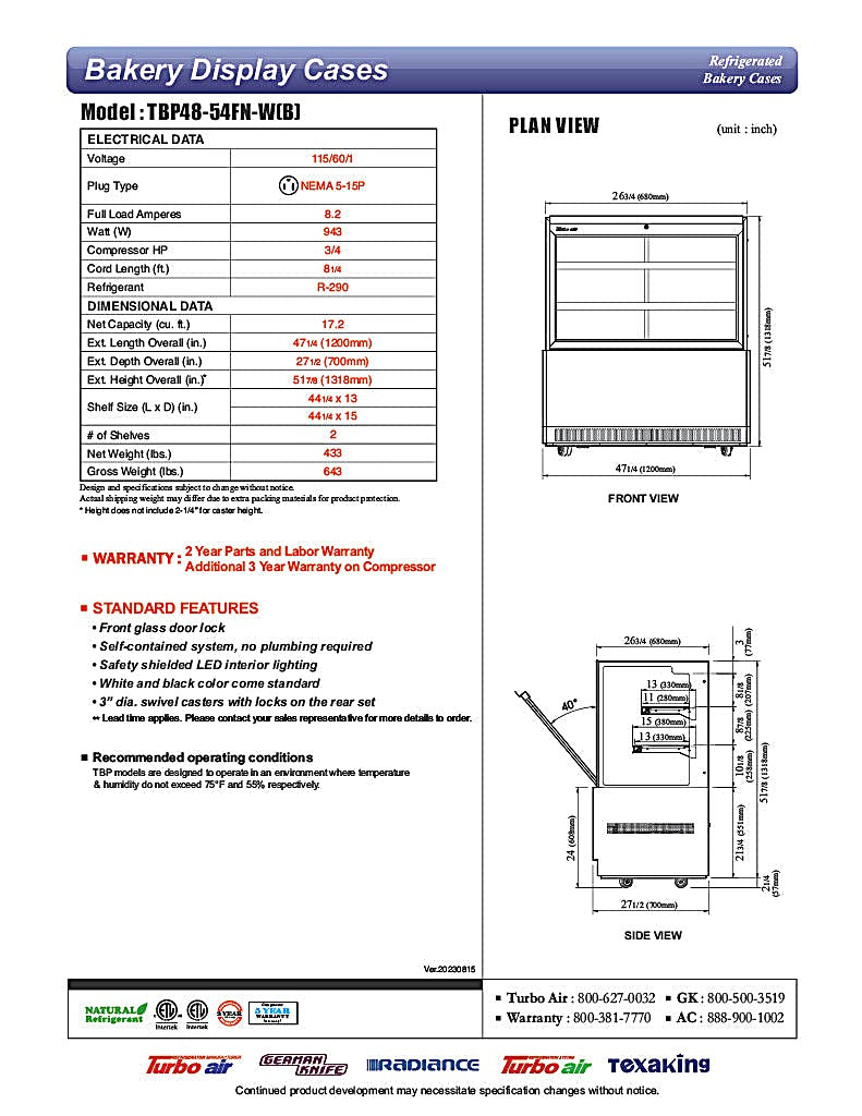 Turbo Air TBP48-54FN-B 47-1/4" Straight Glass Refrigerated Bakery Display Case, 3 Levels, Black Exterior, 115v - Donut-Equipment.com