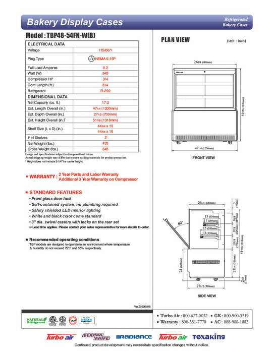 Turbo Air TBP48-54FN-W 47-1/4" Straight Glass Refrigerated Bakery Display Case, 3 Levels, White Exterior, 115v - Bakery Wholesalers