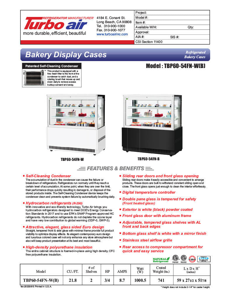 Turbo Air TBP60-54FN-B 59"  Refrigerated Bakery Display Case, 3 Levels, Black Exterior, 115v - Donut-Equipment.com