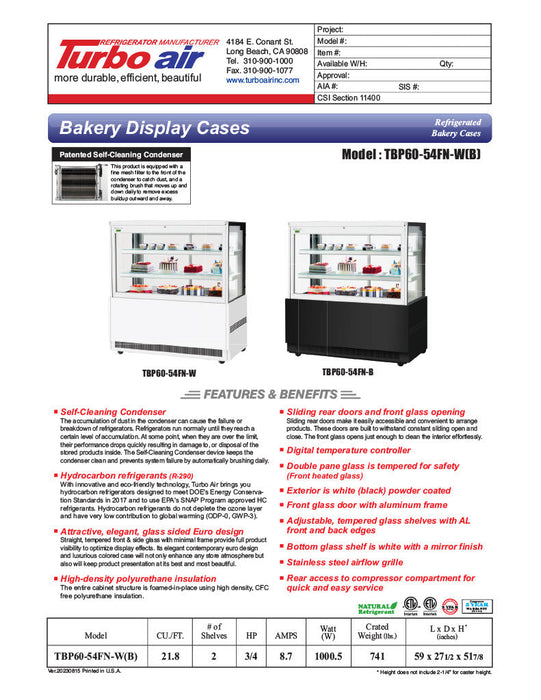 Turbo Air TBP60-54FN-B 59"  Refrigerated Bakery Display Case, 3 Levels, Black Exterior, 115v - Bakery Wholesalers