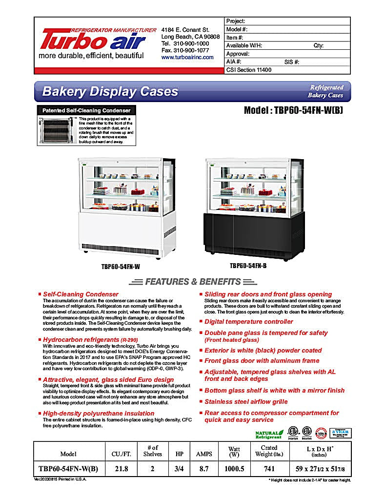 Turbo Air TBP60-54FN-B 59"  Refrigerated Bakery Display Case, 3 Levels, Black Exterior, 115v - Donut-Equipment.com