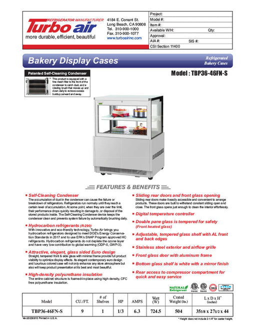 Turbo Air TBP36-46FN-S 35 3/8" Straight Glass Refrigerated Bakery Display Case, 2 Levels, Stainless Steel, 115v - Bakery Wholesalers