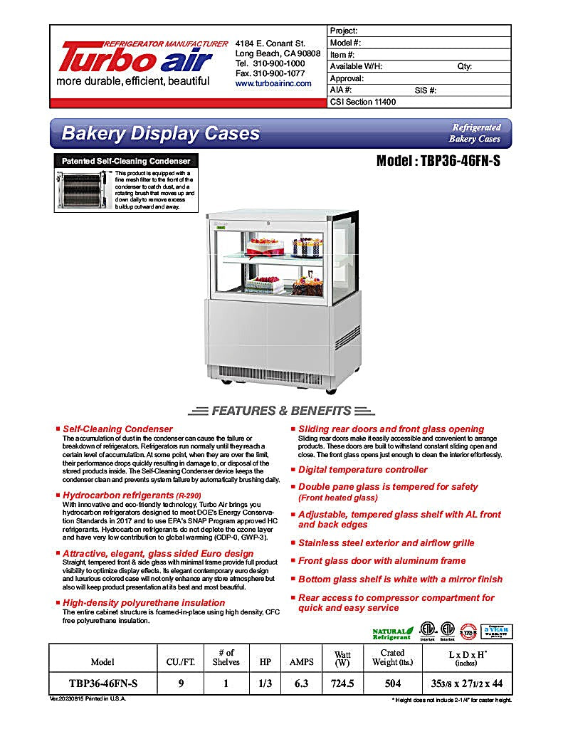 Turbo Air TBP36-46FN-S 35 3/8" Straight Glass Refrigerated Bakery Display Case, 2 Levels, Stainless Steel, 115v - Donut-Equipment.com