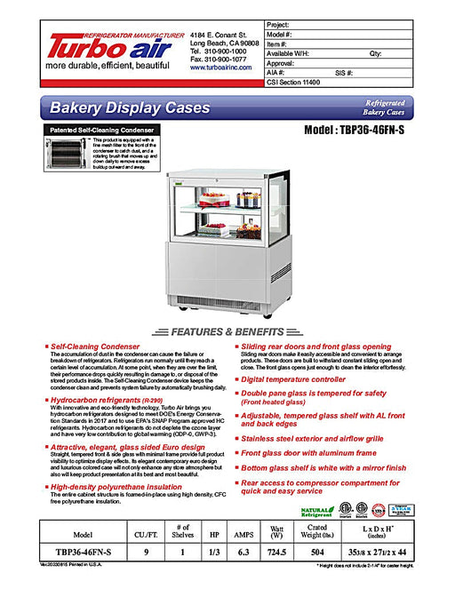 Turbo Air TBP36-46FN-S 35 3/8" Straight Glass Refrigerated Bakery Display Case, 2 Levels, Stainless Steel, 115v - Donut-Equipment.com