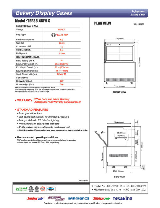 Turbo Air TBP36-46FN-S 35 3/8" Straight Glass Refrigerated Bakery Display Case, 2 Levels, Stainless Steel, 115v - Bakery Wholesalers