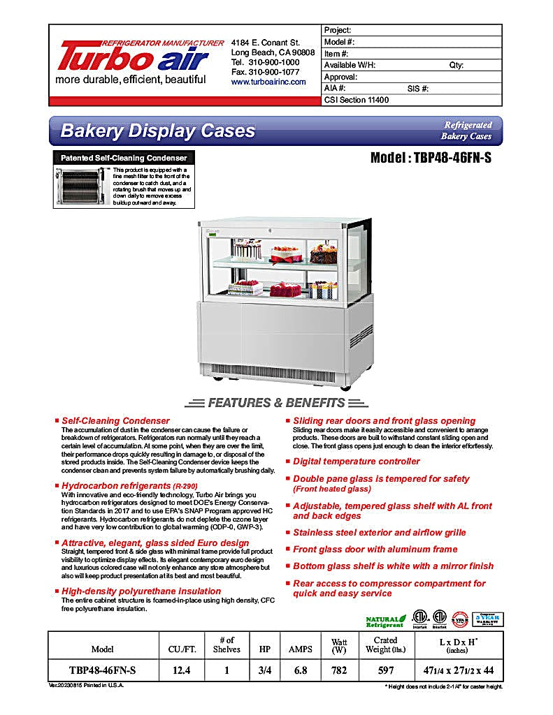 Turbo Air TBP48-46FN-S 47 1/4" Straight Glass Refrigerated Bakery Display Case, 2 Levels, Stainless Steel, 115v - Donut-Equipment.com