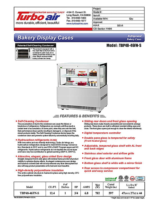Turbo Air TBP48-46FN-S 47 1/4" Straight Glass Refrigerated Bakery Display Case, 2 Levels, Stainless Steel, 115v - Donut-Equipment.com