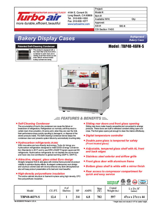 Turbo Air TBP48-46FN-S 47 1/4" Straight Glass Refrigerated Bakery Display Case, 2 Levels, Stainless Steel, 115v - Bakery Wholesalers